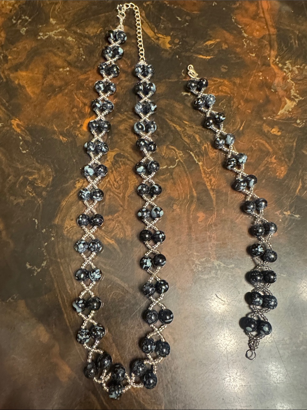 Handcrafted Black Snowflake Glass Bead Necklace and Bracelet Set